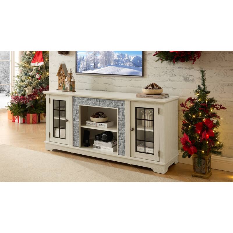58" Modern TV Stand with 2-Door Storage, Faux Stone Media Console Cabinet,Large Entertainment Center for Living Room