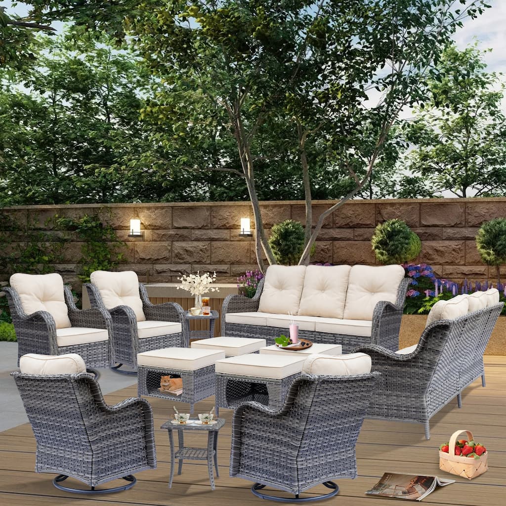 Gray Wicker 12-piece Outdoor Patio Conversation Sets with Swivel Chair
