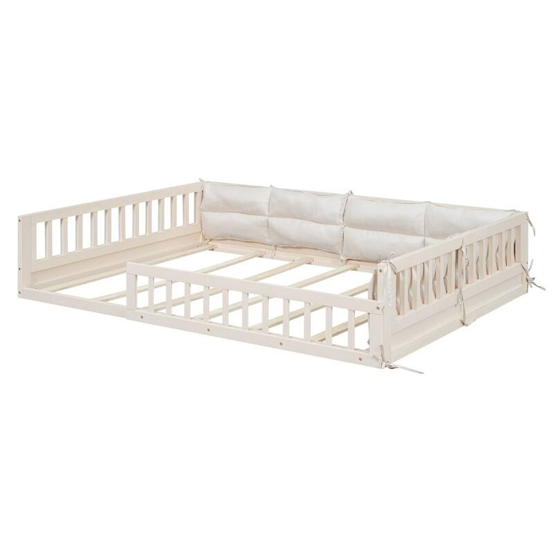 Full Size Montessori Floor Bed with Guardrail & Comfortable Pillow, Upholstered Platform Bed Toddler Bed without Slats for Kids