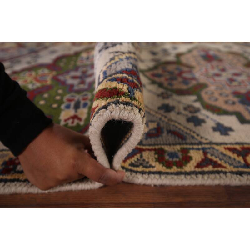 Geometric Kazak Runner Rug Hand-Knotted Beige Wool Carpet - 2'6"x 9'10"
