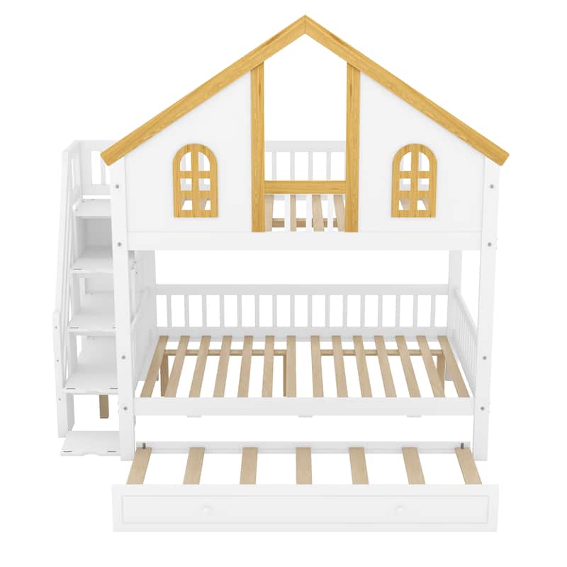 Wooden House Roof Bunk Bed with Trundle & Storage Staircase by Harper&Bright Designs