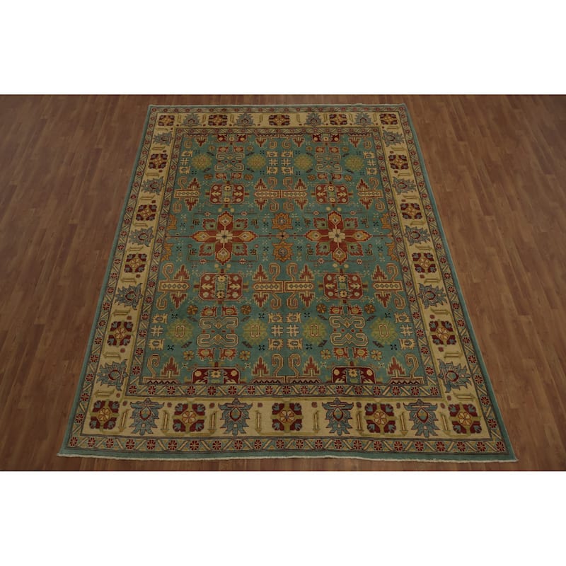 Hand Knotted Oriental 100% Wool Carpet Traditional Geometric Navy Blue & Blues Kazak Area Rug - 11' 11'' X 8' 11''