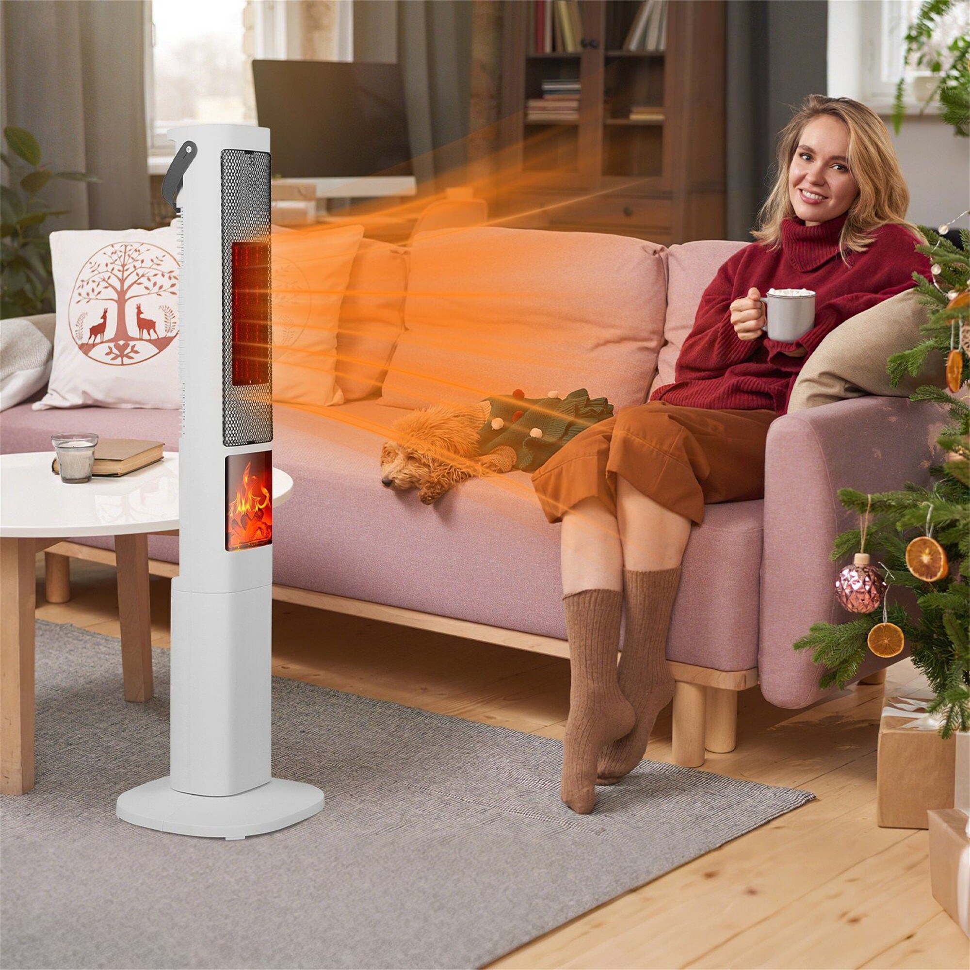 3D Flame Ceramic Tower Heater, 1500W Oscillating Space Heater with