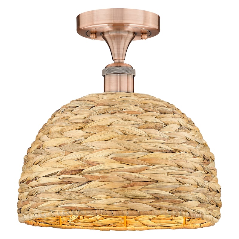 Innovations Lighting 616-1F-11-12 Woven Rattan Semi-Flush Woven Rattan - Antique Copper / Natural