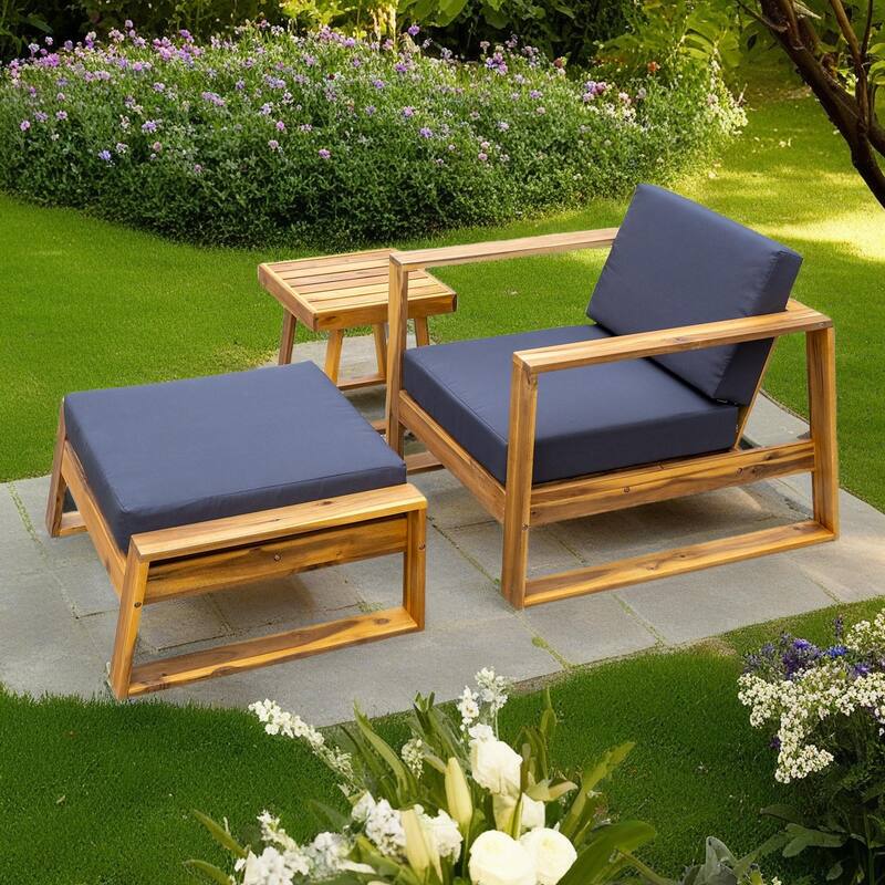 3-Piece Outdoor Acacia Wood Lounge Set with Chair, Ottoman, and Side Table - Natural+Grey