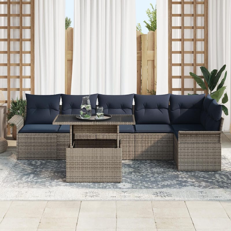 vidaXL 7 Garden Sofa Set with Cushions Black/Brown/Grey Poly Rattan - 92.1 x 52.2 x 27.2