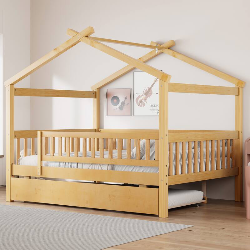 Roomfitters Full Size Wooden House Bed with Twin Trundle and Roof Frame Pine