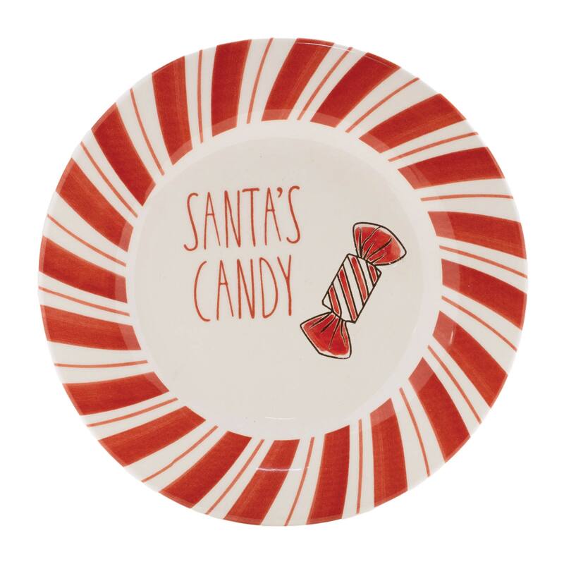 Set of 4 Holiday Ceramic Plates Santa Cookie Tray with Peppermint and Snowflake Christmas Design
