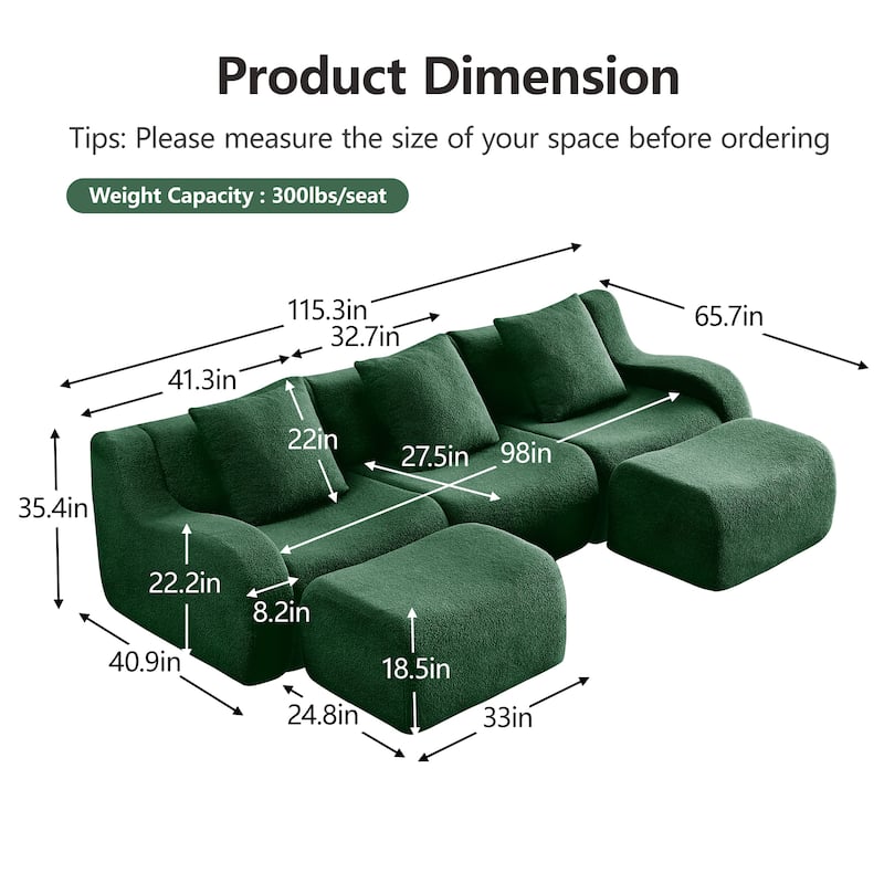 GDF Studio - Fairford U-Shaped 3-Seat Modular Sofa With Curved Armrests & Non-Slip Base