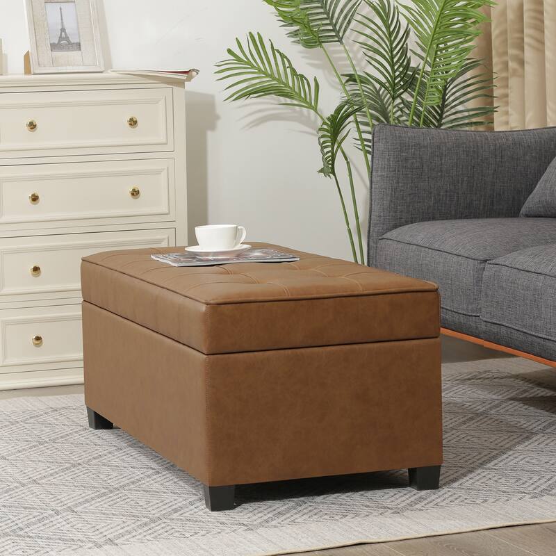Adeco 40" Faux Leather Storage Ottoman Bench with Tufted Button - 40"X18.8"X16.5"