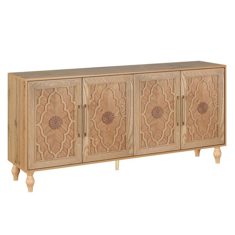Carved Flower Door Large Storage Cabinet With Metal Handle Suitable for Living Room, Kitchen