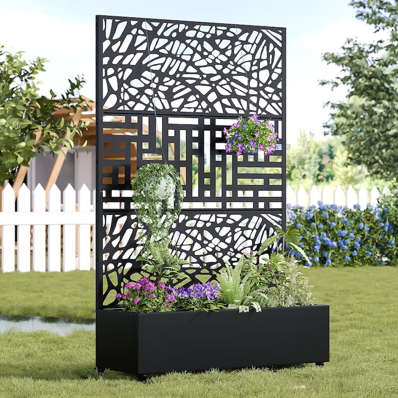 Metal Movable Planter Box with Trellis Privacy Screen Planter Box with Lockable Wheels