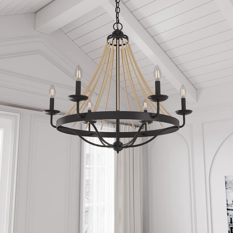 Matte Black Farmhouse Candle Chandelier with Wood Beads Design