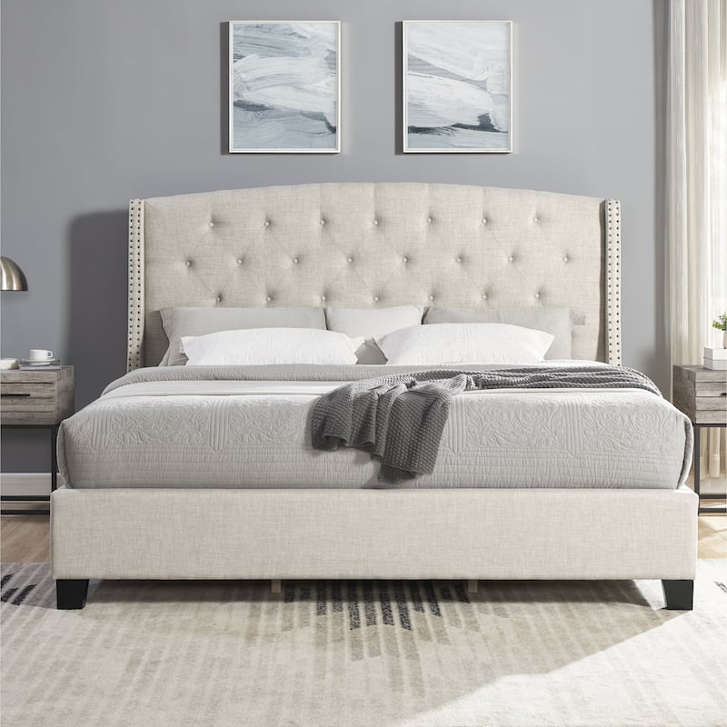 Fabric Button Tufted Wingback Upholstered Queen Bed with Nail Head Trim in Beige