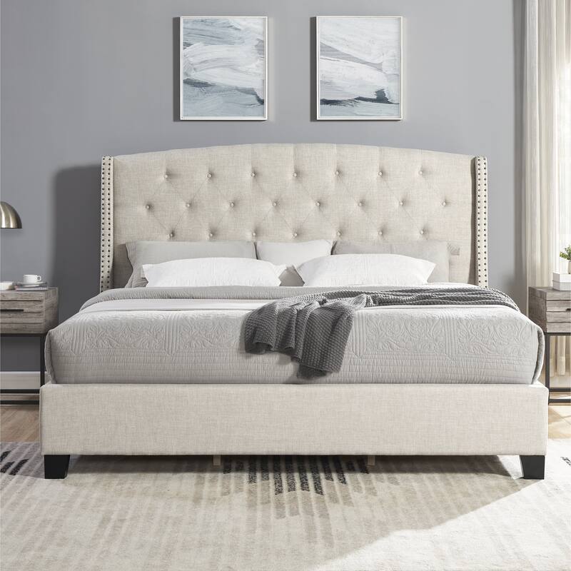 Upholstered Polyester Bed with Tufted Wingback