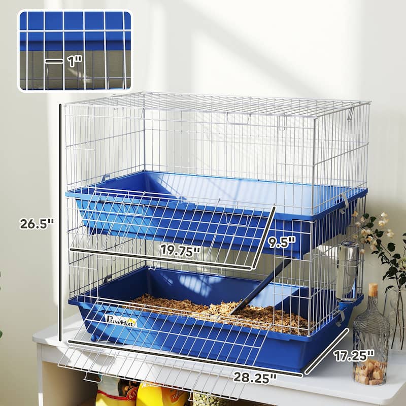 PawHut 2-Tier Guinea Pig Cage, Ferret Cage, Chinchilla Cage, Small Animal Cage Indoor with Dish and Bottle, 2 Doors
