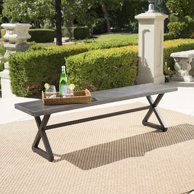 Outdoor Aluminum Dining Bench with Steel Frame, Grey / Black