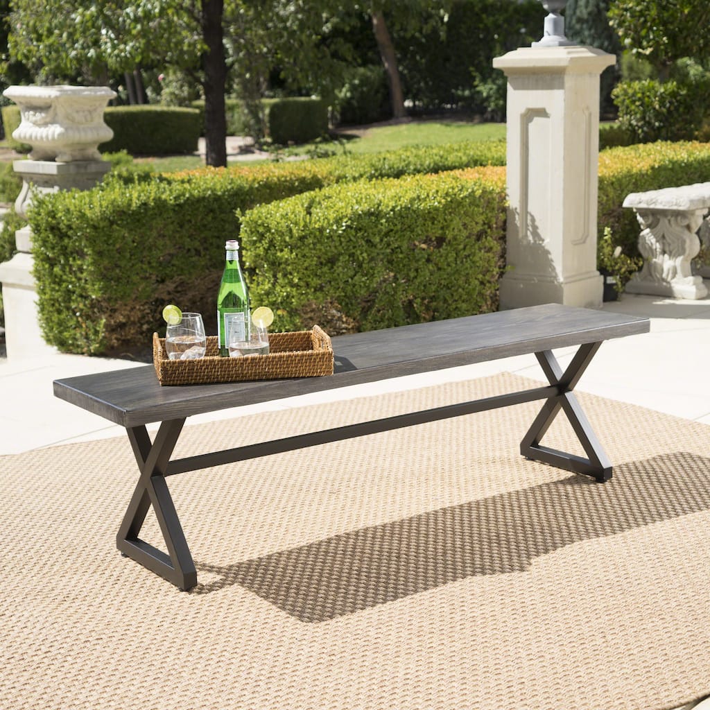 Outdoor Aluminum Dining Bench with Steel Frame, Grey / Black