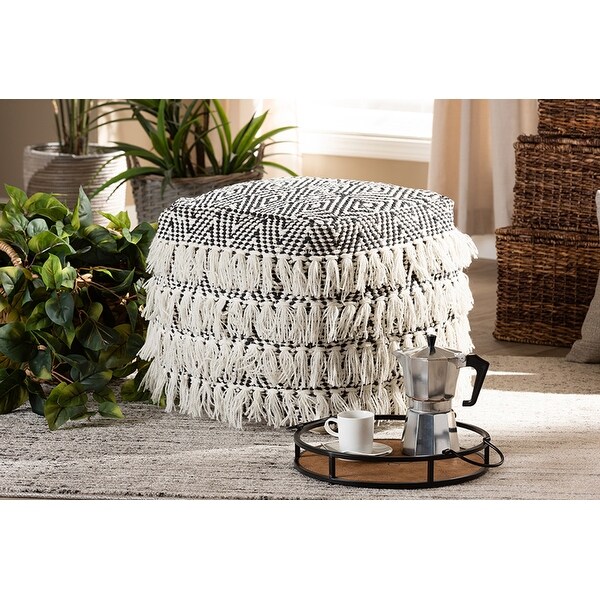 William Black and Ivory Handwoven Wool Tassel Pouf Ottoman