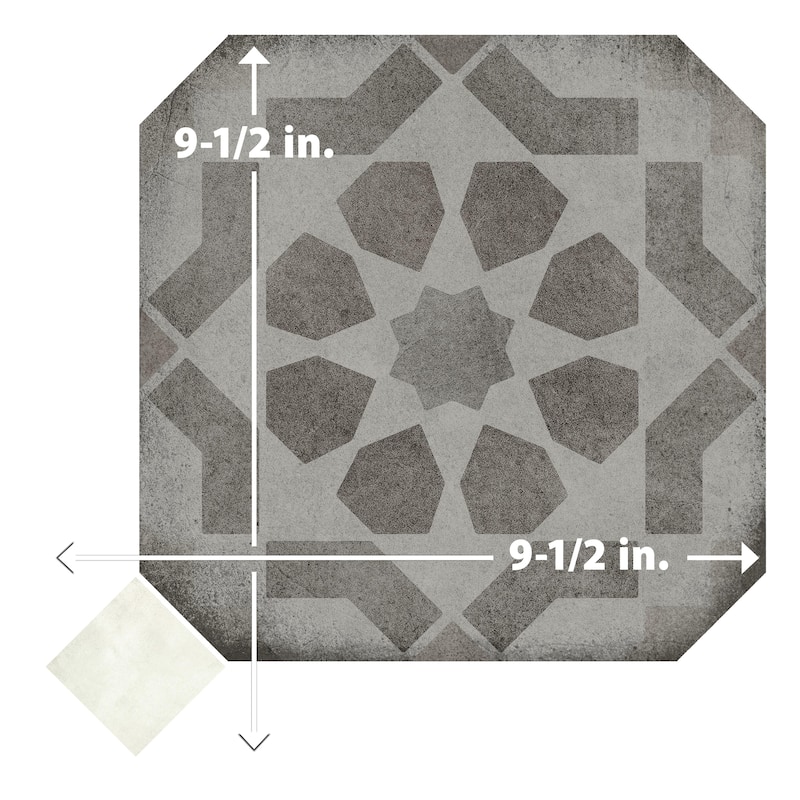 Merola Tile Laverton Octagon Deco Sombra with Taco Nieve 7-7/8" x 7-7/8" Porcelain Floor and Wall Tile