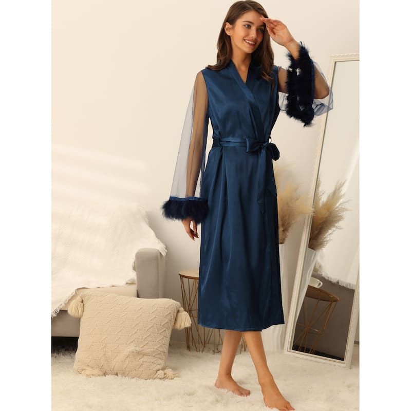 Women's Satin Robe Feather Trim Bridesmaid Bathrobe Mesh Long Sleeve Bridal Party Sleepwear