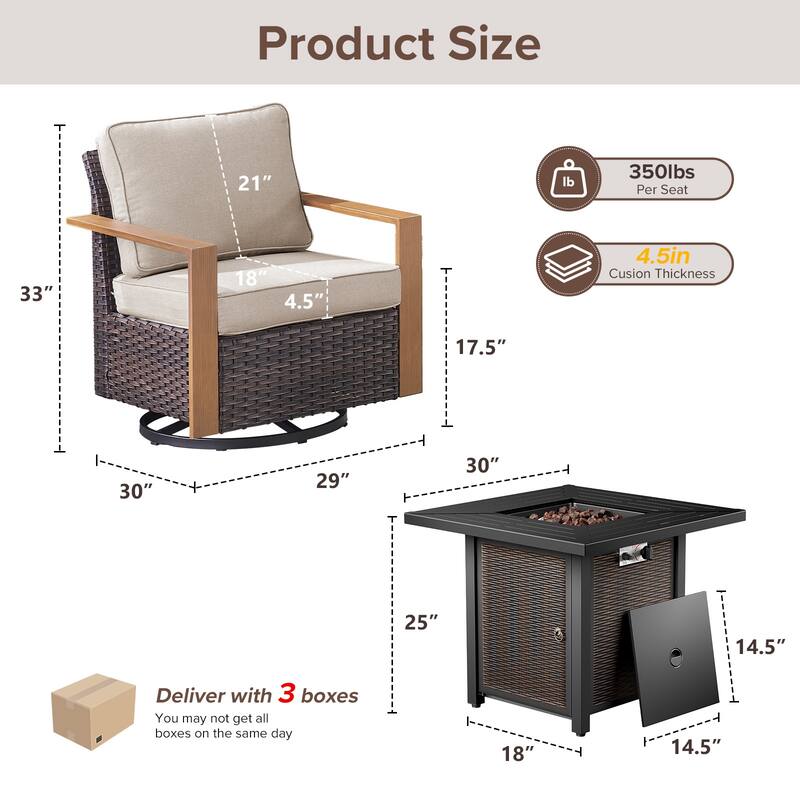 Meyreso 5-Piece Wicker Swivel Glider Metal Fire Pit Set with Plush 4.5" Olefin Cushions