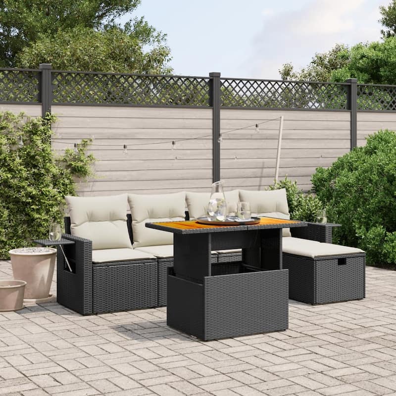 vidaXL Patio Sofa Set with Cushions Outdoor Furniture 6 Piece Poly Rattan - 21.7 x 39.4 x 28.7 - Black and Cream-without storage