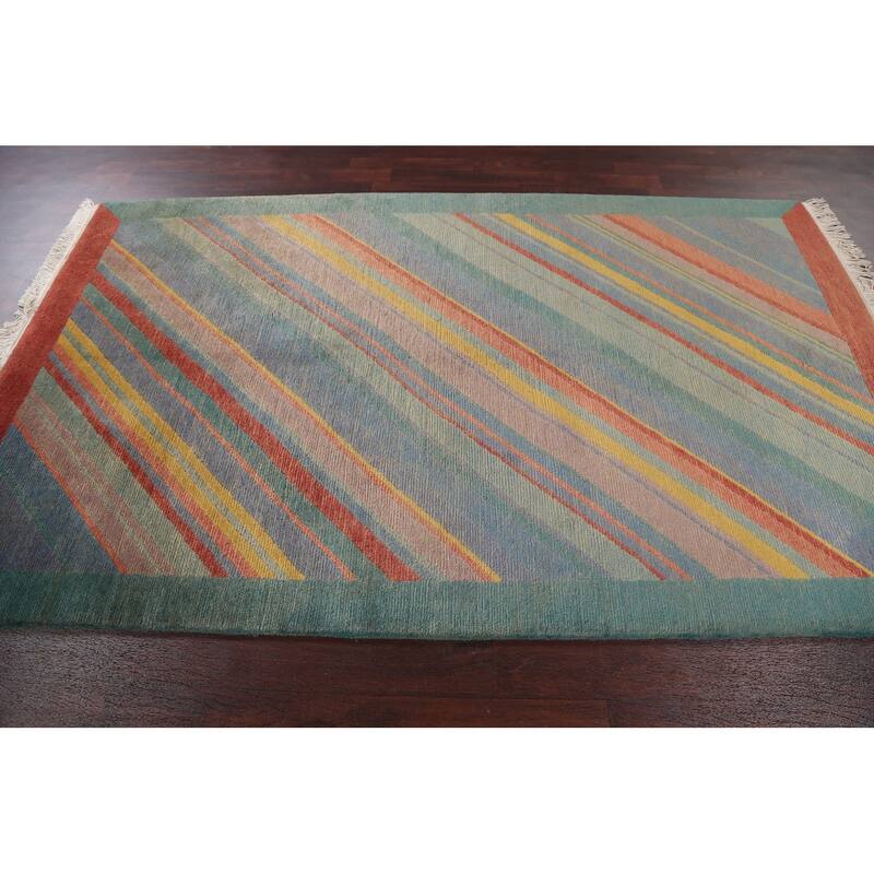 Striped Vegetable Dye Nepalese Wool Area Rug Hand-knotted Foyer Carpet - 5'0" x 8'5"