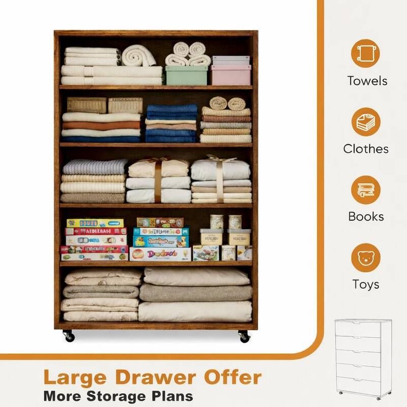 5 Drawer Dresser on Wheels Rustic Brown Rolling Chest of Drawers Storage Cabinet for Bedroom Closet, Wide Drawer Organizer