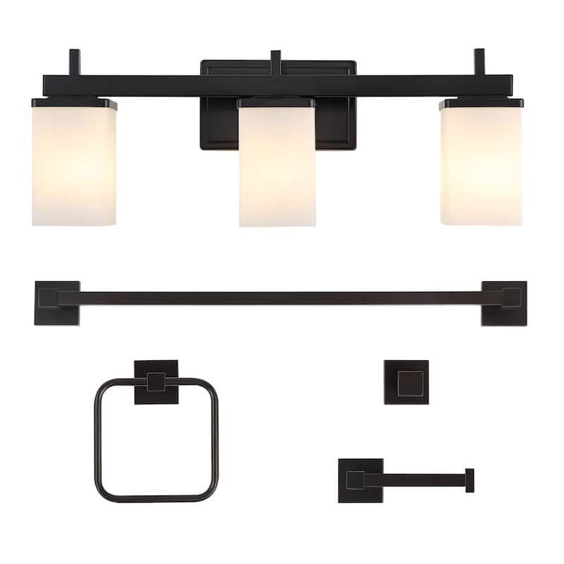 Liam 22.38" 3-Light Modern Vanity Light with Frosted Glass Shades and Bathroom Hardware Accessory Set, (5-Piece) by JONATHAN Y - Oil Rubbed Bronze