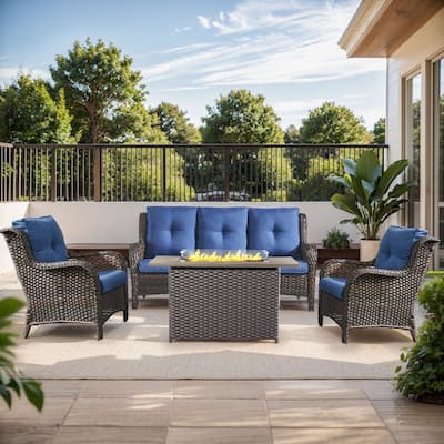 Fire Pit Table with Patio Sofa Club Chairs Brown-Blue - Brown