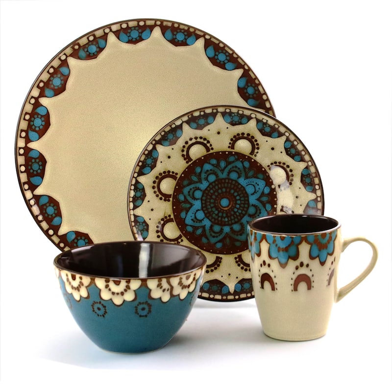 Elama Sandstone Mandala 16 Piece Round Stoneware Dinnerware Set