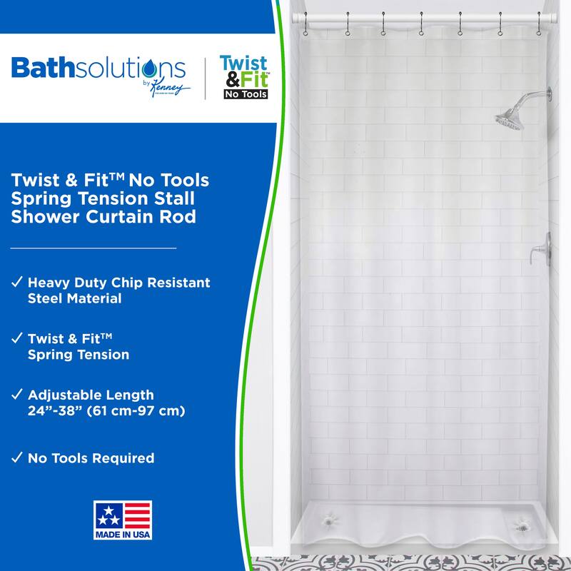 Kenney Twist & Fit No Tools Spring Tension Stall Shower Curtain Rod, 24-38"