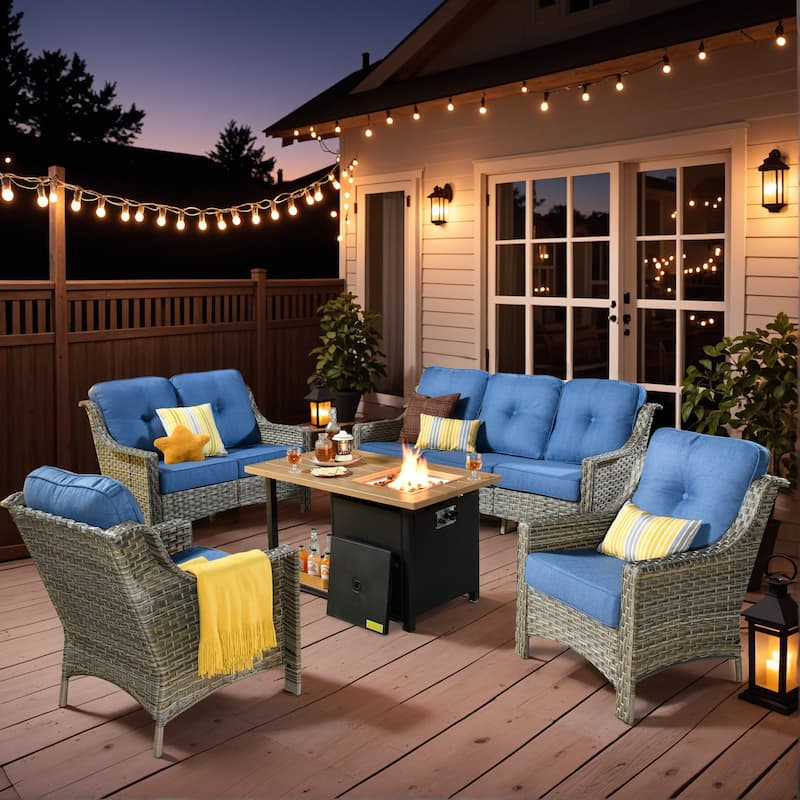 XIZZI 5-Piece Patio Wicker Furniture Conversation Set with Firepit