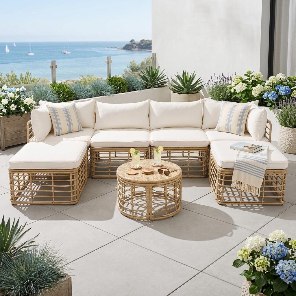 7-Piece Modular All-Weather Rattan Sectional Set with Round Woven Coffee Table by Leisure Zone