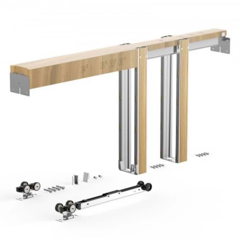 Brown-Silver Wood and Steel Soft-Close Pocket Door Frame Kit Adjustable - 36x80