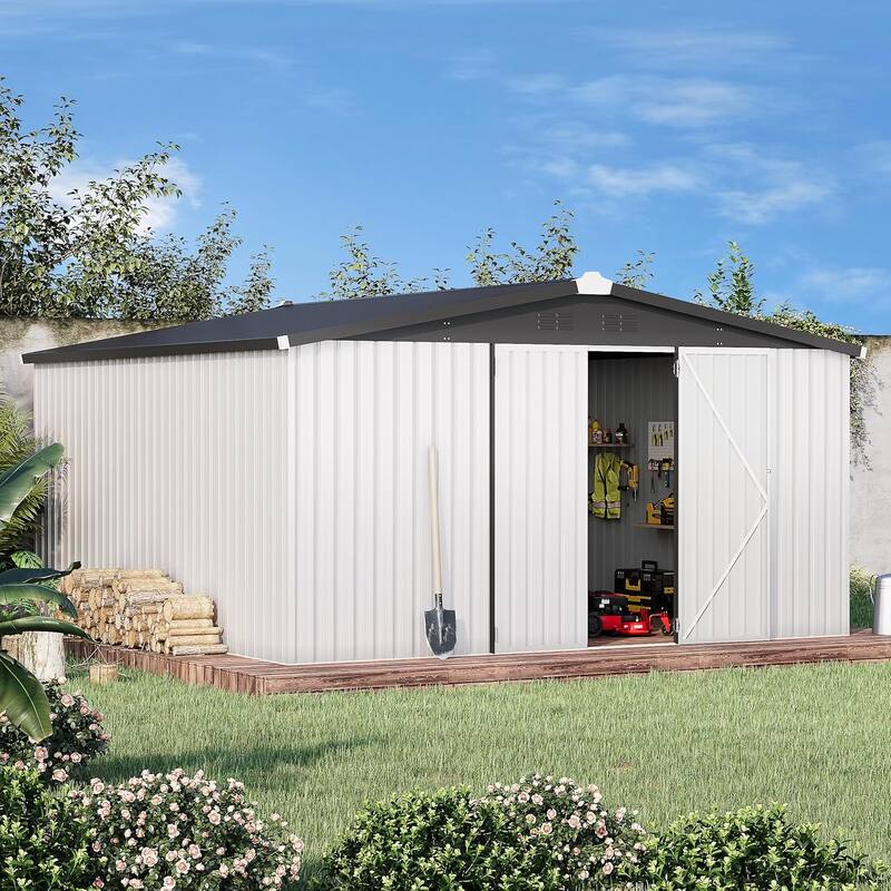 AECOJOY Outdoor Extra Large Storage Metal Shed with Lockable Doors - 12' x 12' - White