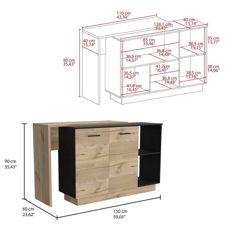 Stationary Rectangular Kitchen Island with Spacious Storage, Open Shelving & Elegant Modern Design