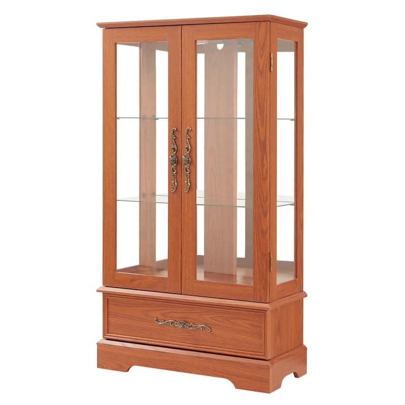 Lighted Glass Curio Cabinet with Adjustable Shelves - Elegant 2-Door Display Cabinet & Built-in Drawer, Includes Bulb