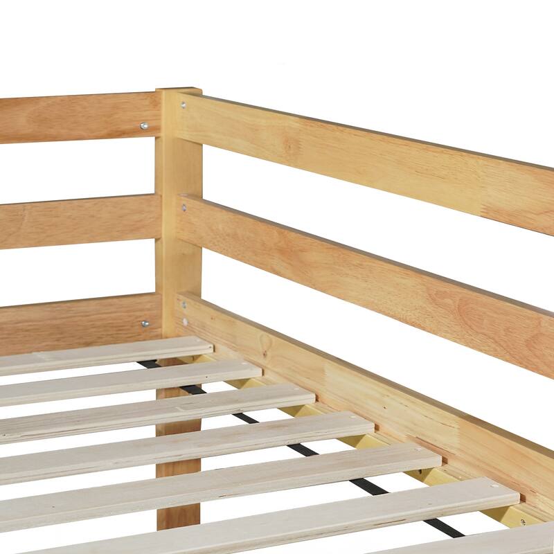 Wooden Twin over Twin Floor Bunk Bed with Ladder, with Bed Platform of Strengthened Slats