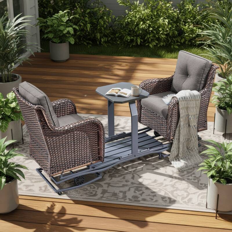Pocassy Outdoor Patio Swing Chair Glider Swing Bench - Brown Wicker Gray Cushion - 2-Person Glider Loveseats with Cushion