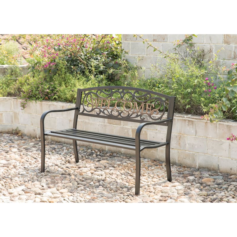 Steel Outdoor Patio Garden Park Seating Bench with Cast Iron "Welcome" Backrest, Front Porch Yard Bench Lawn Decor