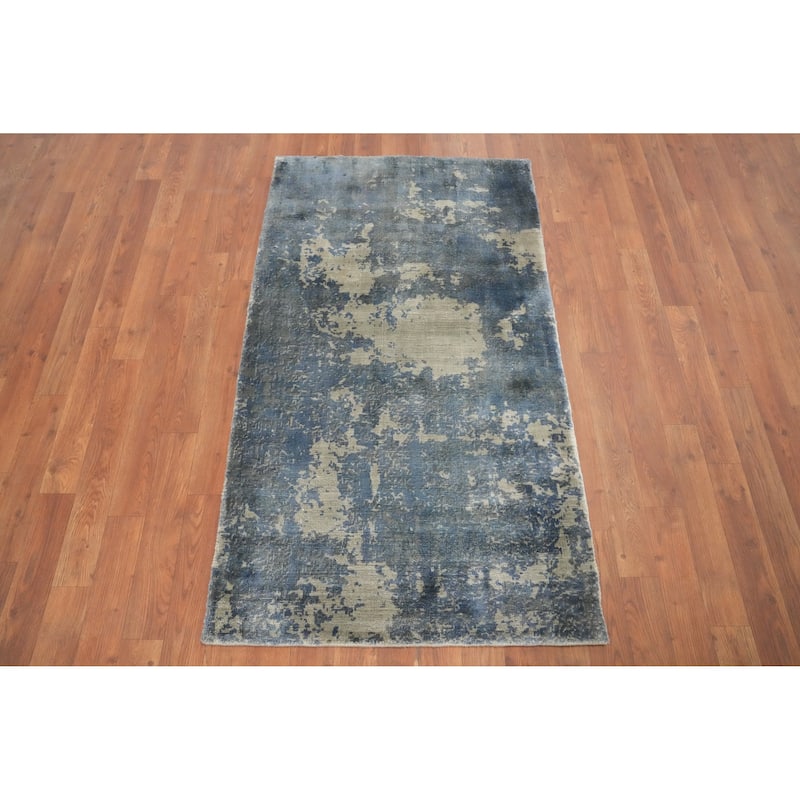 Hand Knotted Oriental Viscose Silk Carpet Modern All-Over Navy Blue & Blues Abstract Area Rug - 4' 7'' X 2' 7''