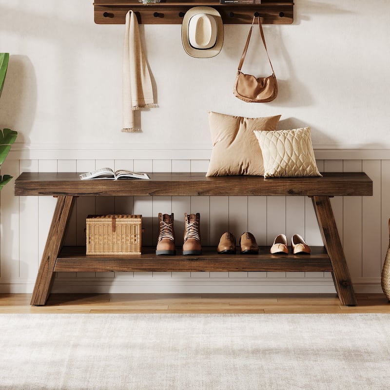 Solid Wood Entryway Bench, 2-Tier Shoe Bench with Open Shelves