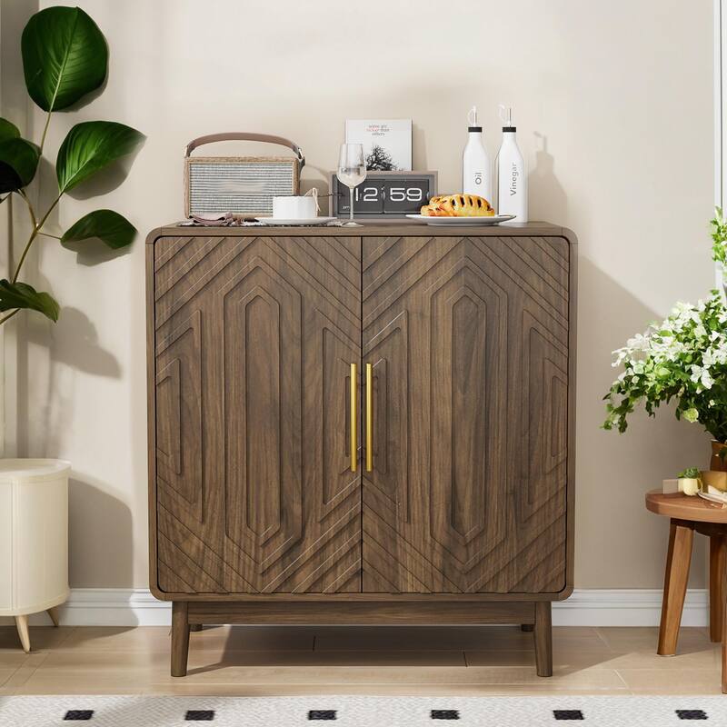 Artisanal Two-Door Storage Console with Intricate Carvings, Versatile Adjustable Shelving and Multi-Space Functionality. - Walnut