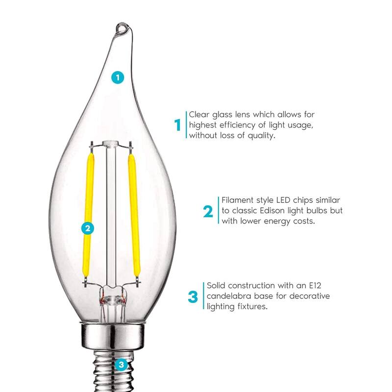 Luxrite 4W Vintage Candelabra LED Bulbs Dimmable, 400 Lumens, 40W Equivalent, Flame Tip Clear Glass, E12 Base (6 Pack)