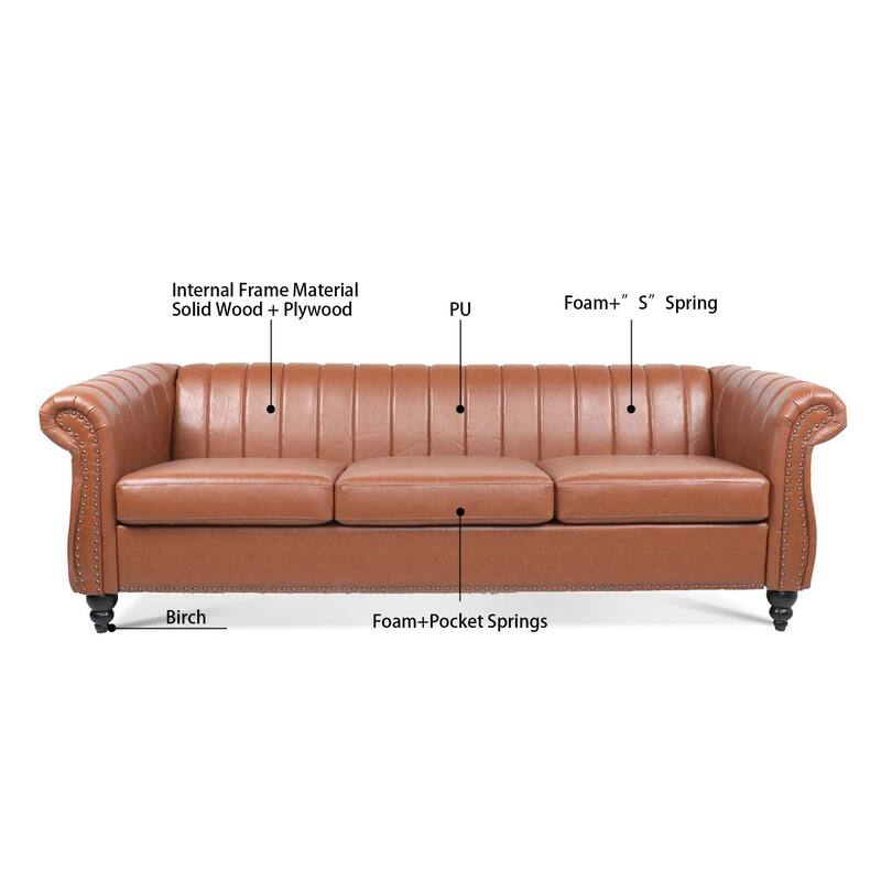 Chesterfield Sofa 83.46" with PU Leather, Quilted Backrest, Birch Legs