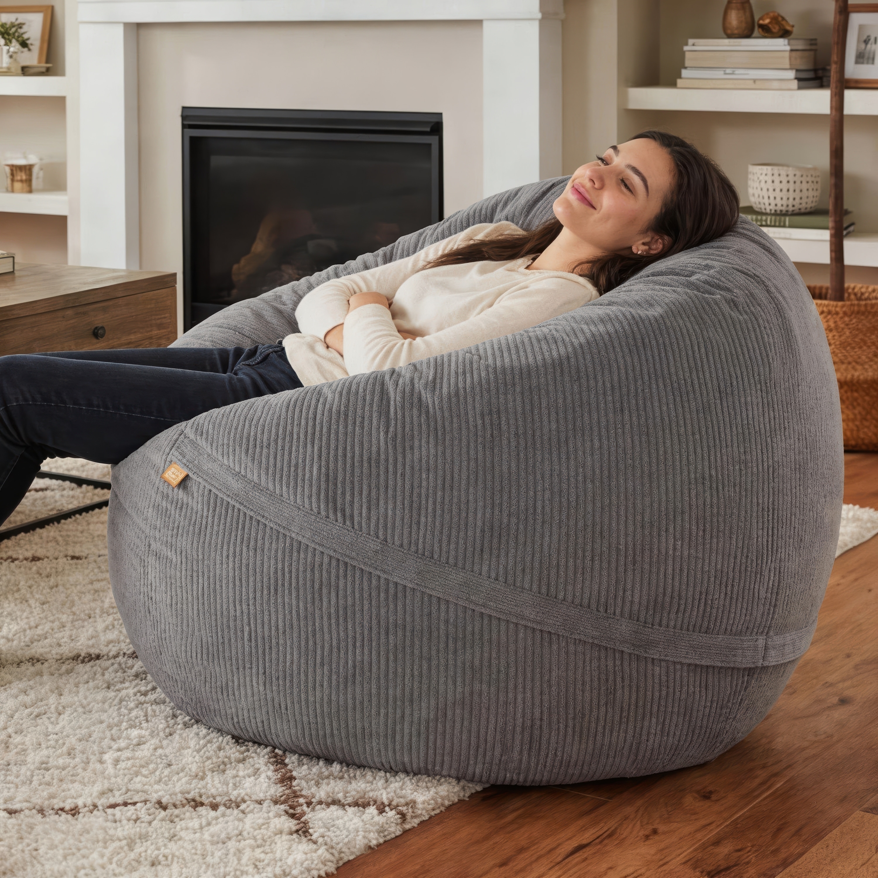 Luna 5 Foot Extra Large Bean Bag Chair, Oversized Foam Lounger for Adults & Kids, Plush Corded Synthetic Fur