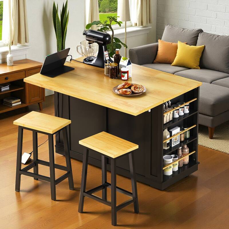 48" Kitchen Island with Drop Leaf & Power Outlet, Rolling Storage Cart with Internal Racks, Drawers & Shelves