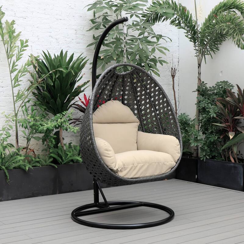 LeisureMod Charcoal Single Seater Rattan Wicker Egg Swing Hanging Chair for Indoor Outdoor Patio Porch Backyard Garden
